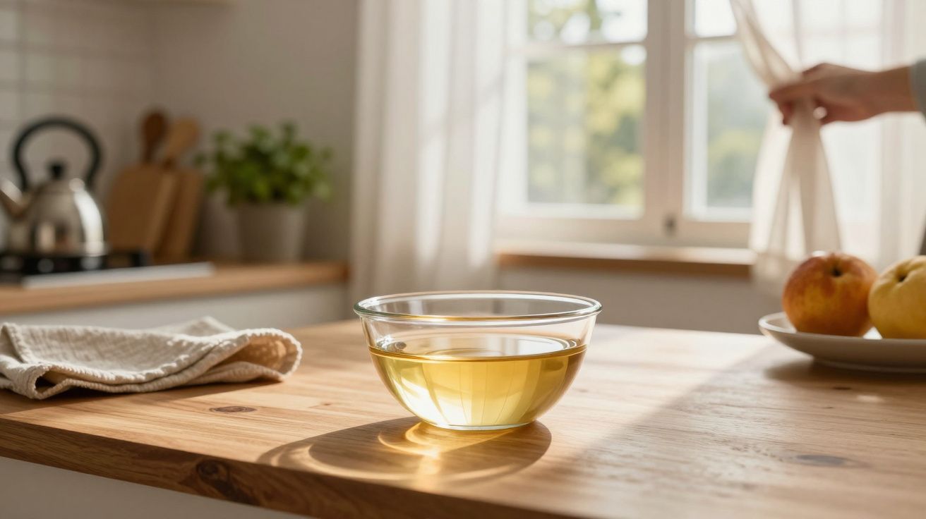 Taça de vidro com líquido dourado em bancada de cozinha iluminada pela luz do sol, perto de fruta e cortina.