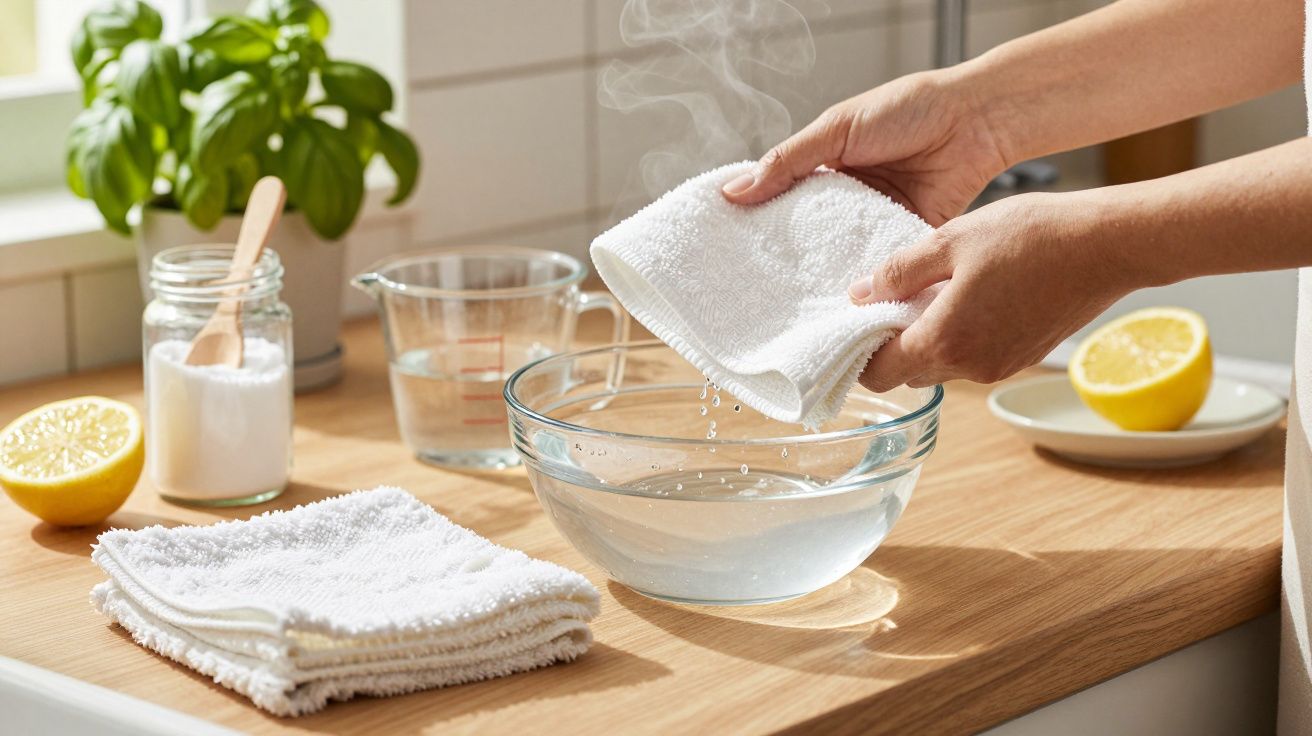 Mãos torcem pano branco sobre uma tigela de água quente, ao lado de limão, sal e toalhas num balcão de cozinha.