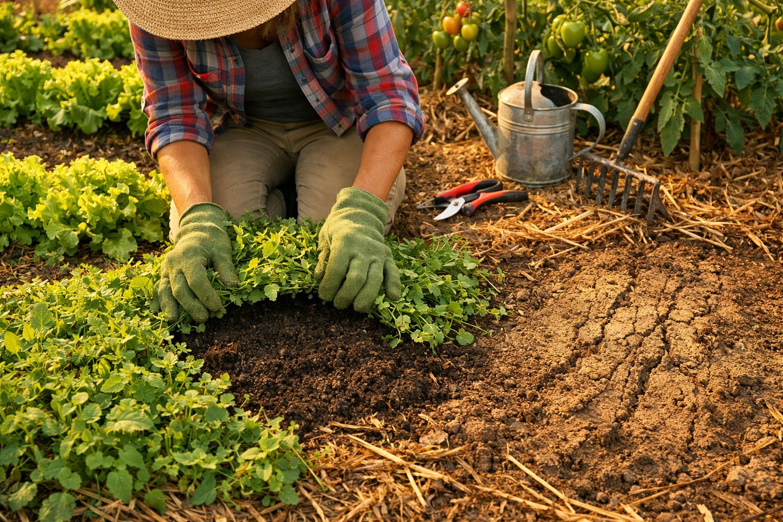 Homem a cuidar de plantas num jardim, alinhando estacas de apoio, com alfaces e outras plantas em crescimento.