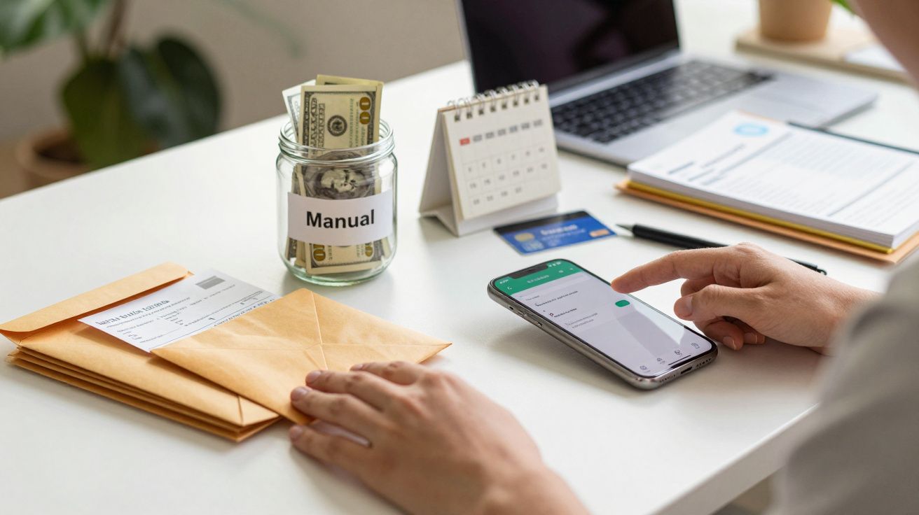 Pessoa usa smartphone em secretária, com envelopes, notas, calendário e computador portátil ao fundo.