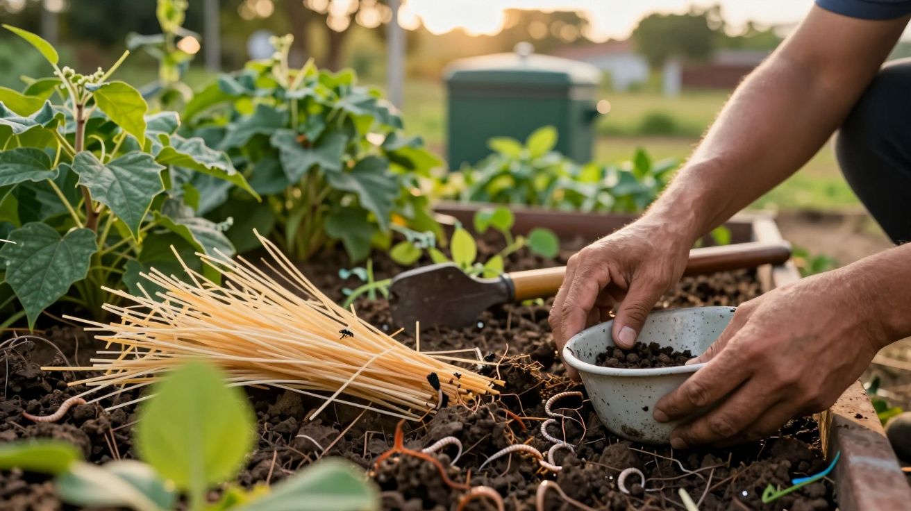 Mãos cultivam horta, colocando minhocas na terra, com esparguete e plantas verdes ao redor, sob luz suave do pôr do sol.