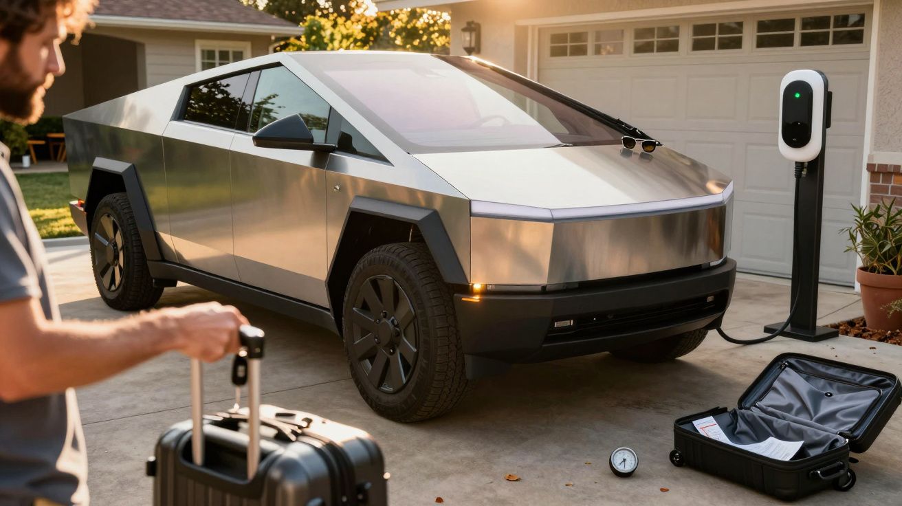 Caminhonete futurista prateada estacionada em garagem, perto de carregador elétrico, com bagagem no chão.