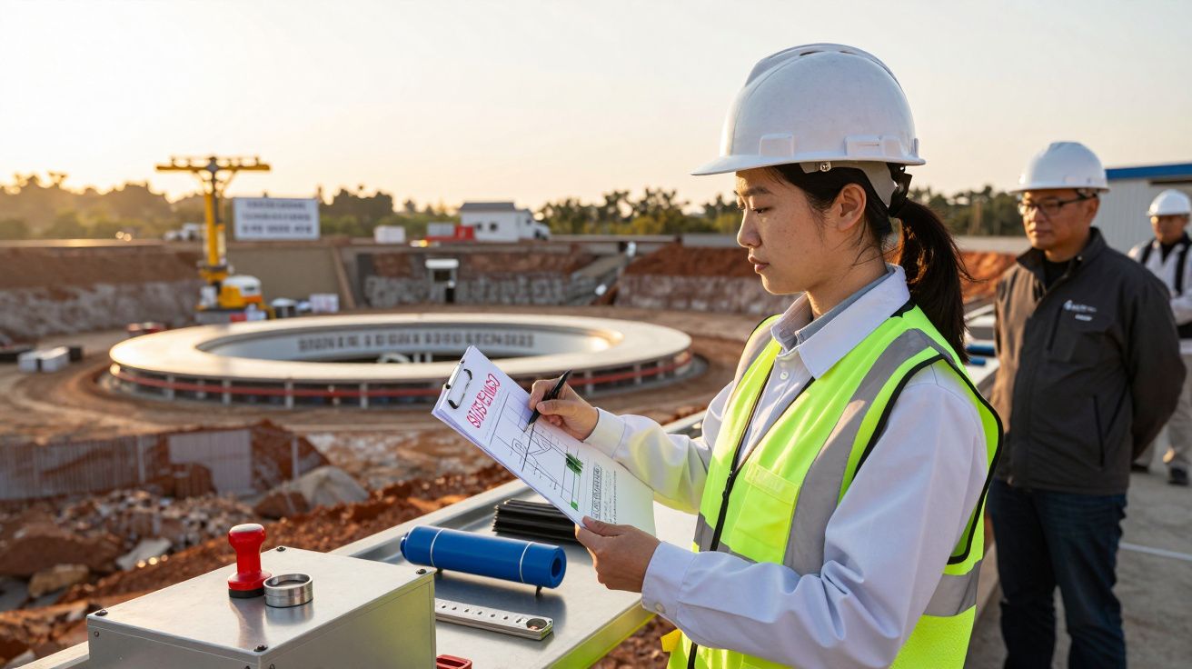 Mulher com capacete e colete em obra, revendo documentos ao pôr do sol. Engenheiros ao fundo, perto de fundação redonda.