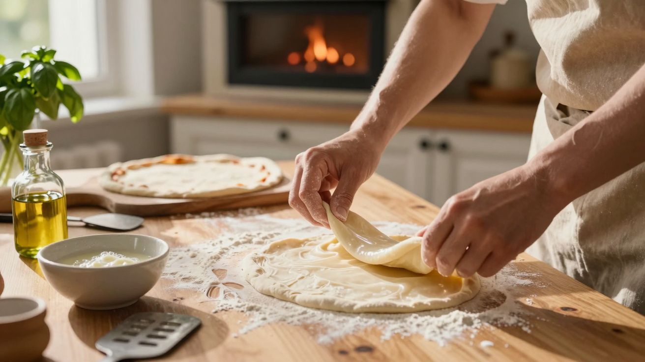 Pessoa a preparar massa de pizza numa cozinha, com forno aceso ao fundo e ingredientes na mesa.