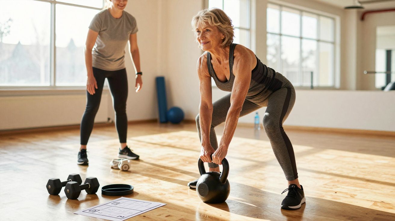 Mulher idosa a levantar kettlebell numa aula de ginásio, sob supervisão de uma treinadora numa sala com luz natural.