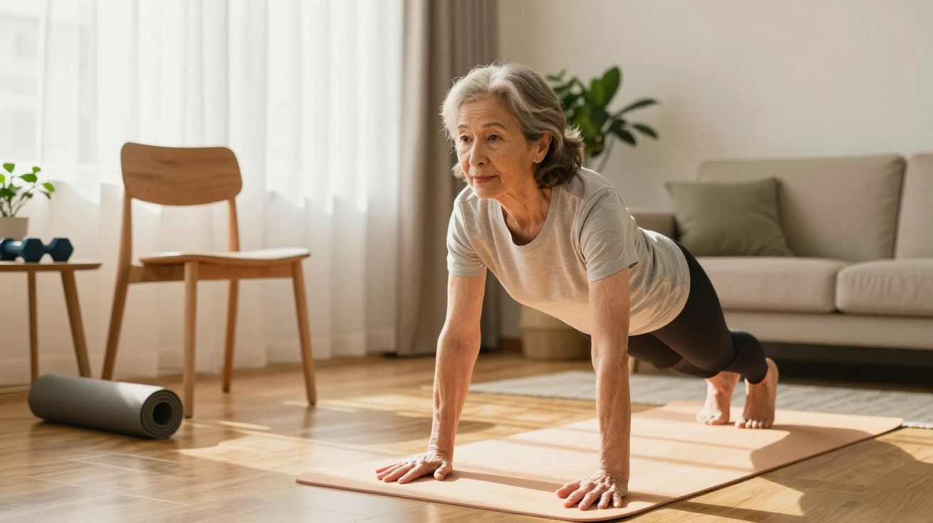 Mulher idosa praticando ioga numa sala iluminada, em posição de prancha numa esteira de exercício.