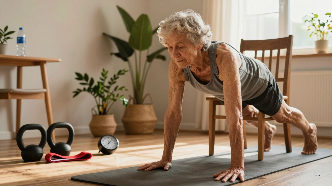 Idosa a fazer exercício de prancha com cadeira numa sala iluminada por janela, rodeada por plantas e halteres.