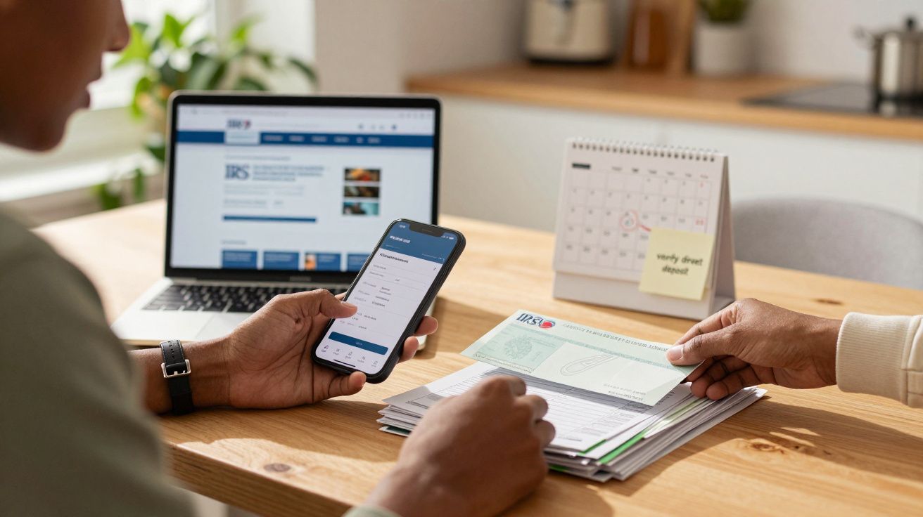 Homem usando smartphone e computador para tarefas bancárias. Mesa com documentos, calendário e aviso de pagamento.