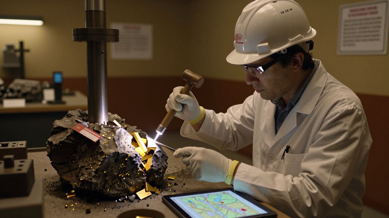 Homem com capacete e bata branca examina rocha com laser e martelo; tablet com mapa em primeiro plano.