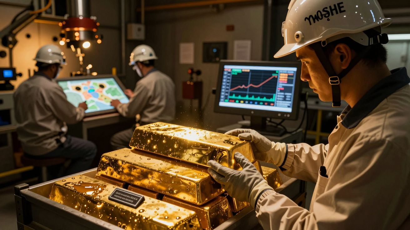 Homem de capacete e luvas analisa barras de ouro num laboratório com gráficos em computadores ao fundo.