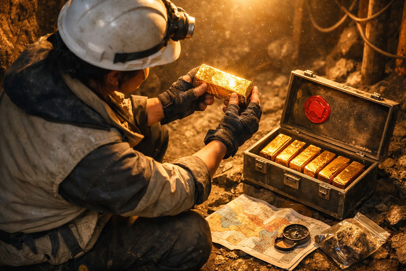 Dois mineiros com capacetes iluminam barras de ouro junto a um cofre numa caverna.