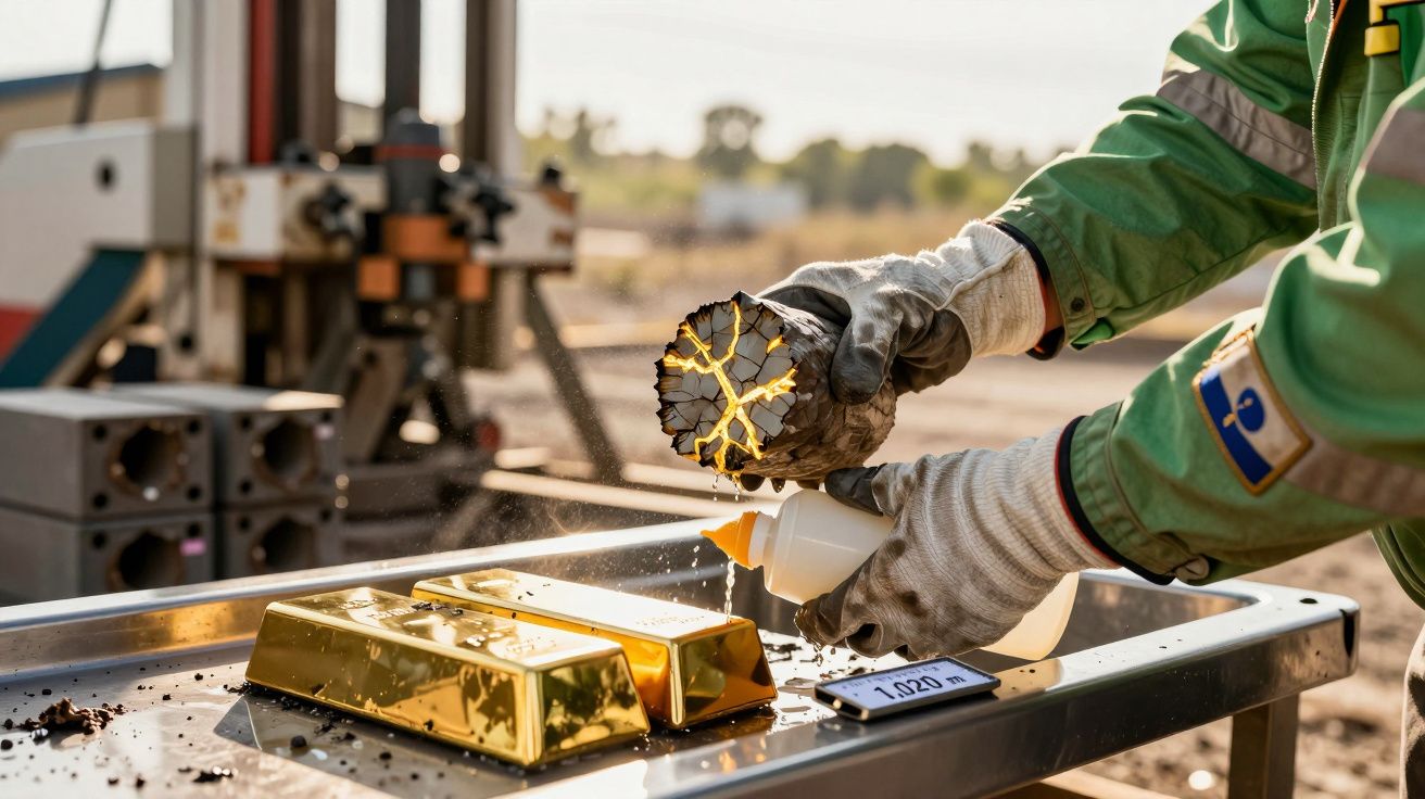 Pessoa com luvas examina amostra de rocha ao lado de barras de ouro num local de mineração.