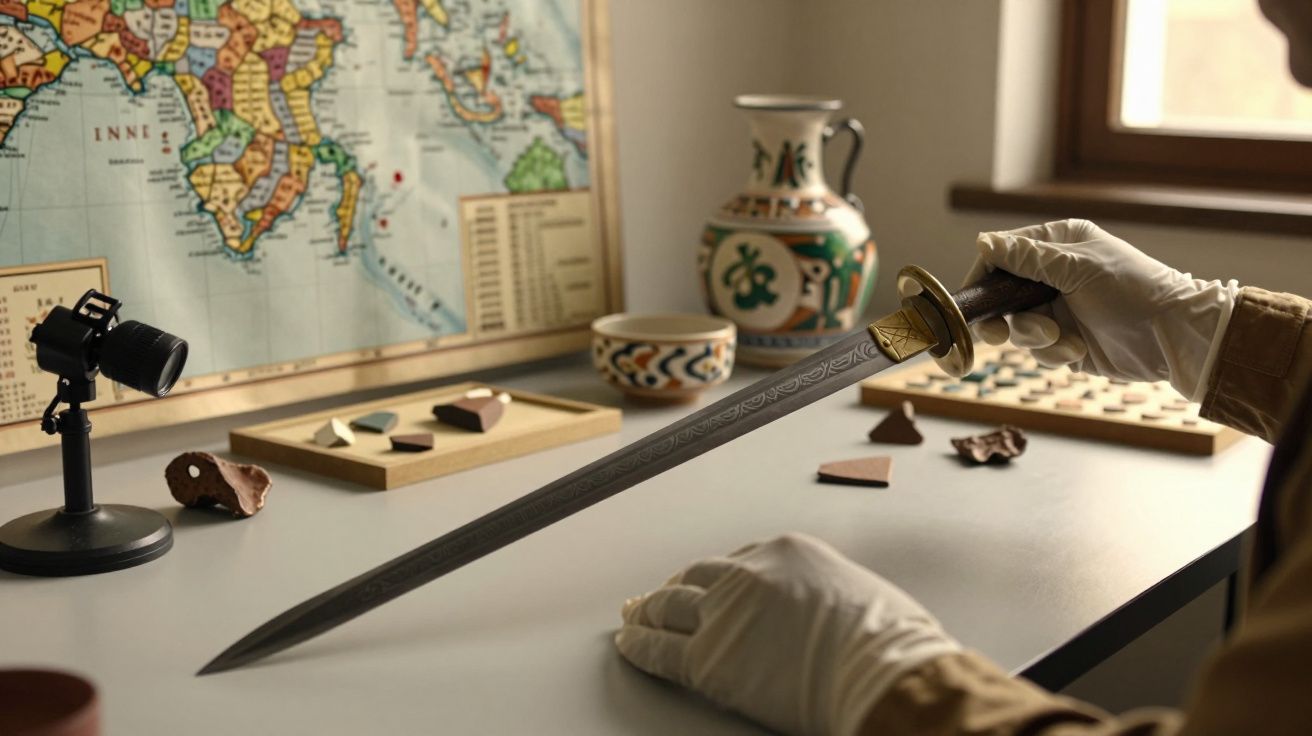 Pessoa com luvas segurando uma espada antiga numa mesa, com mapa e cerâmica ao fundo.