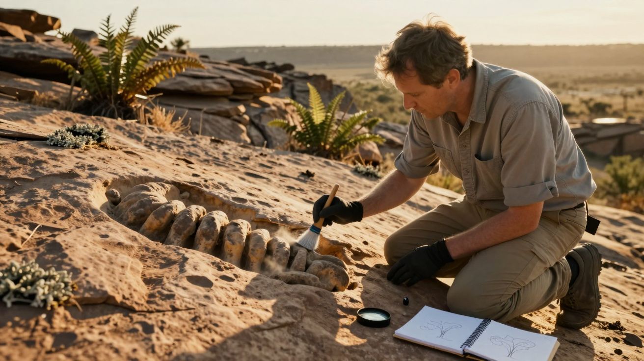 Homem de luvas limpa um fóssil parcialmente desenterrado no deserto, com caderno e lupa ao lado.