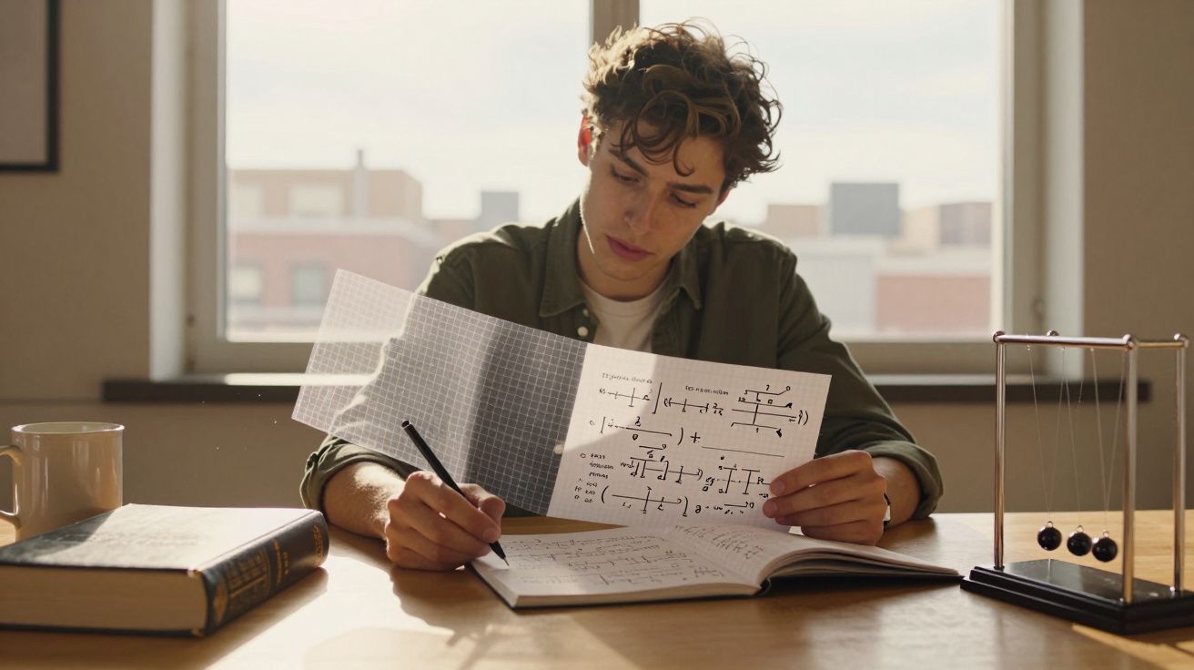 Jovem estudando física com livro aberto e modelo de pêndulo na mesa, sob luz natural de janela.