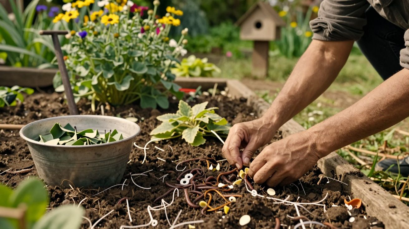 Pessoa a plantar num jardim, com flores e utensílios de jardinagem visíveis.