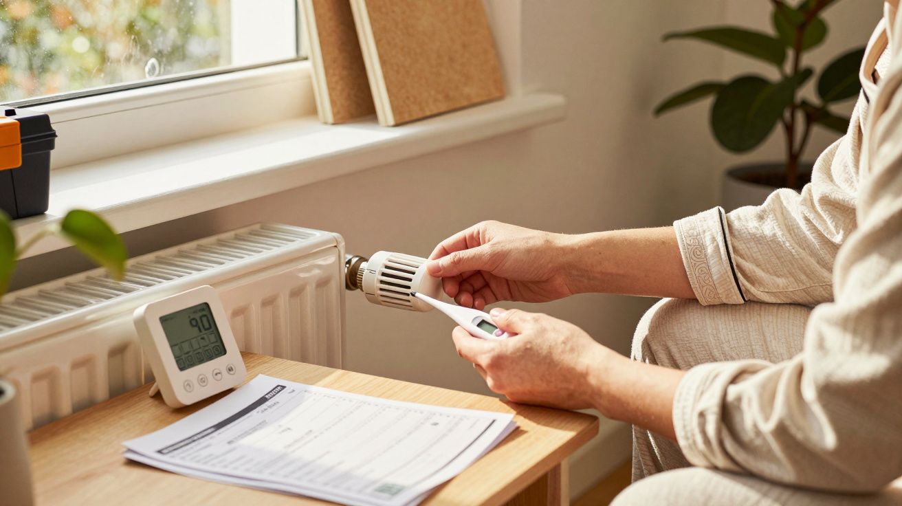 Pessoa ajusta o termostato de um aquecedor enquanto verifica as leituras num medidor digital sobre a mesa.