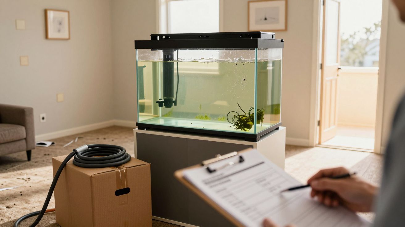 Pessoa a avaliar um aquário em casa, com mangueira e caixa de cartão ao lado.