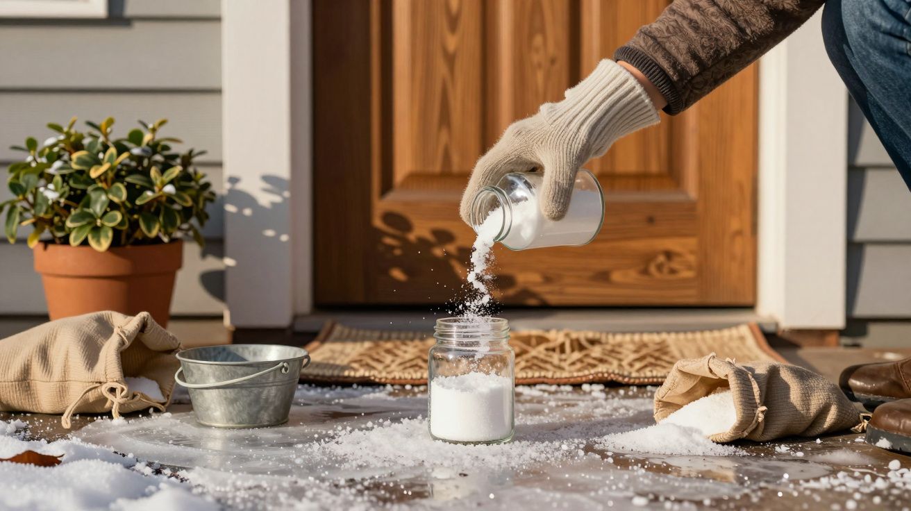 Pessoa de luvas despeja sal de jarro no chão nevado ao lado de balde e planta em vaso.