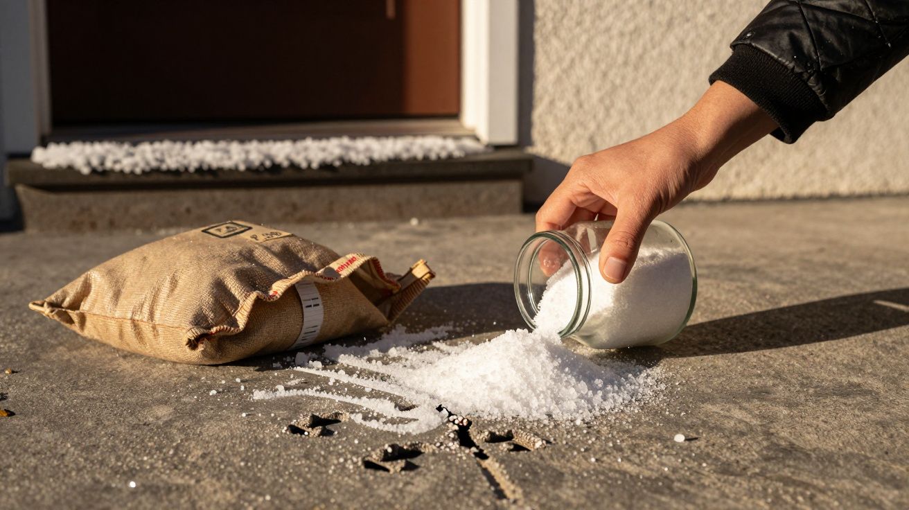 Mão despeja sal de um frasco no chão em frente a uma porta, com saco de sal ao lado.