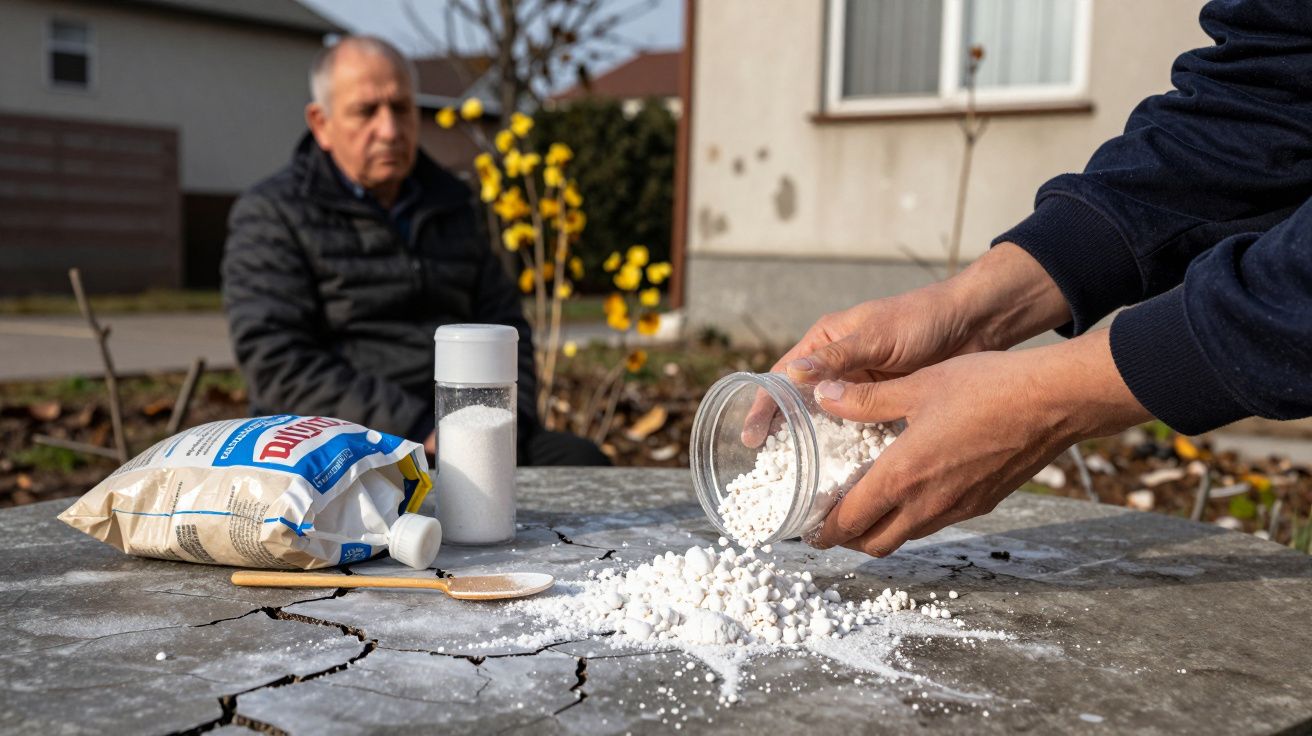 Pessoa despeja sal de frasco numa mesa enquanto homem sentado observa; fundo desfocado com vegetação.