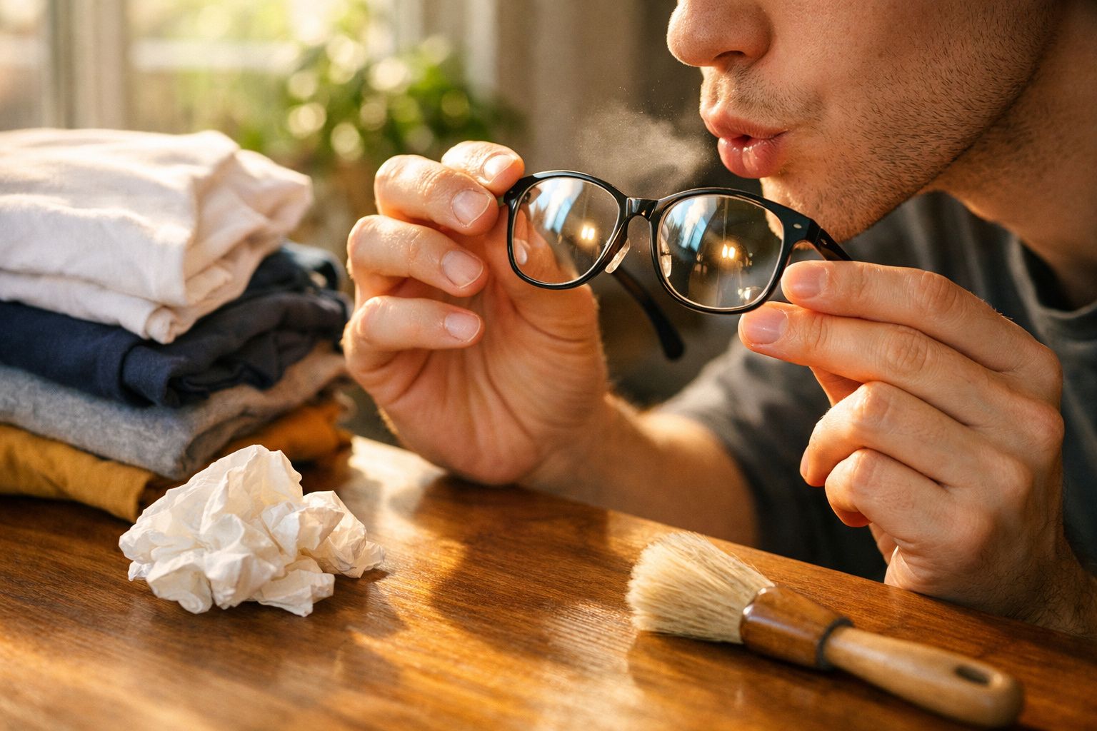 Pessoa segura frasco de colírio próximo a caixa com óculos sobre mesa de madeira.