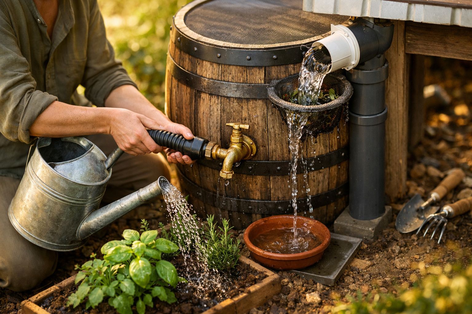 Criança em jardim abre torneira, recolhendo água nas mãos, com balde metálico e casa ao fundo.