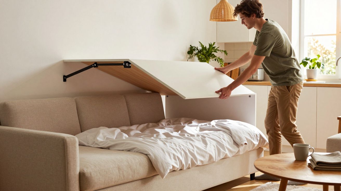 Homem a transformar um sofá-cama numa sala iluminada, decoração moderna e plantas ao fundo.