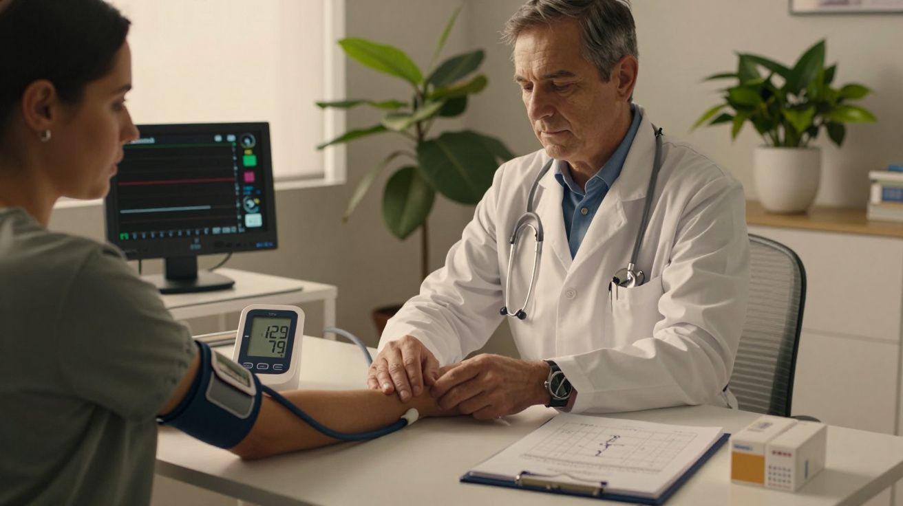 Médico mede a pressão arterial de uma paciente em consultório.