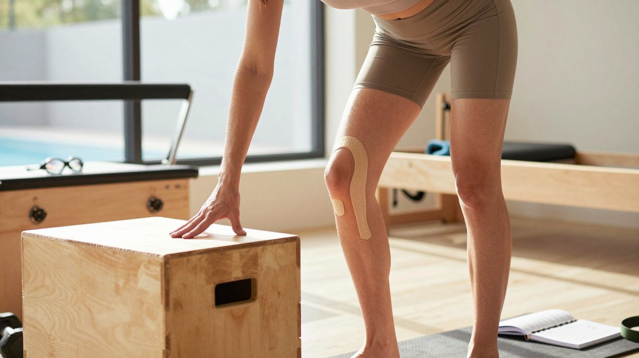 Pessoa em roupa de exercício inclina-se sobre caixa de madeira, com adesivos no joelho, num estúdio com luz natural.