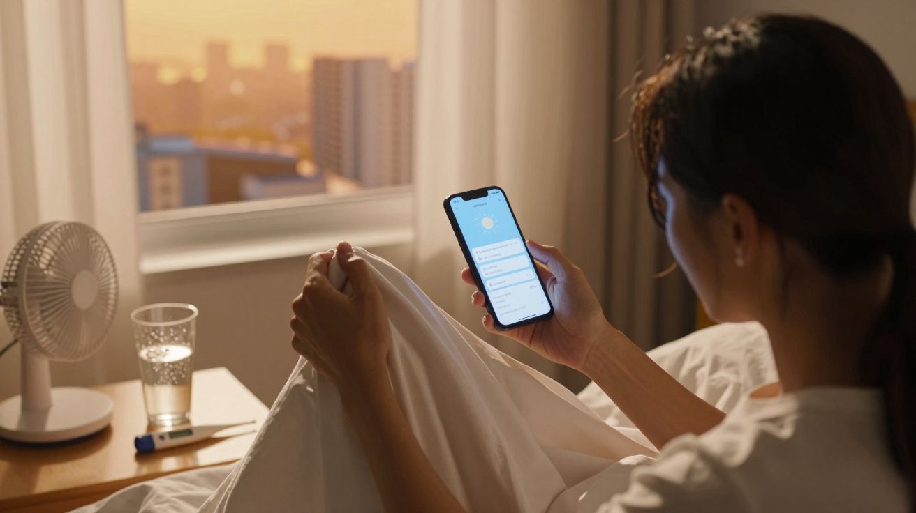 Mulher na cama mexe no telemóvel, com copo e ventoinha na mesa, ao lado da janela com vista para a cidade.