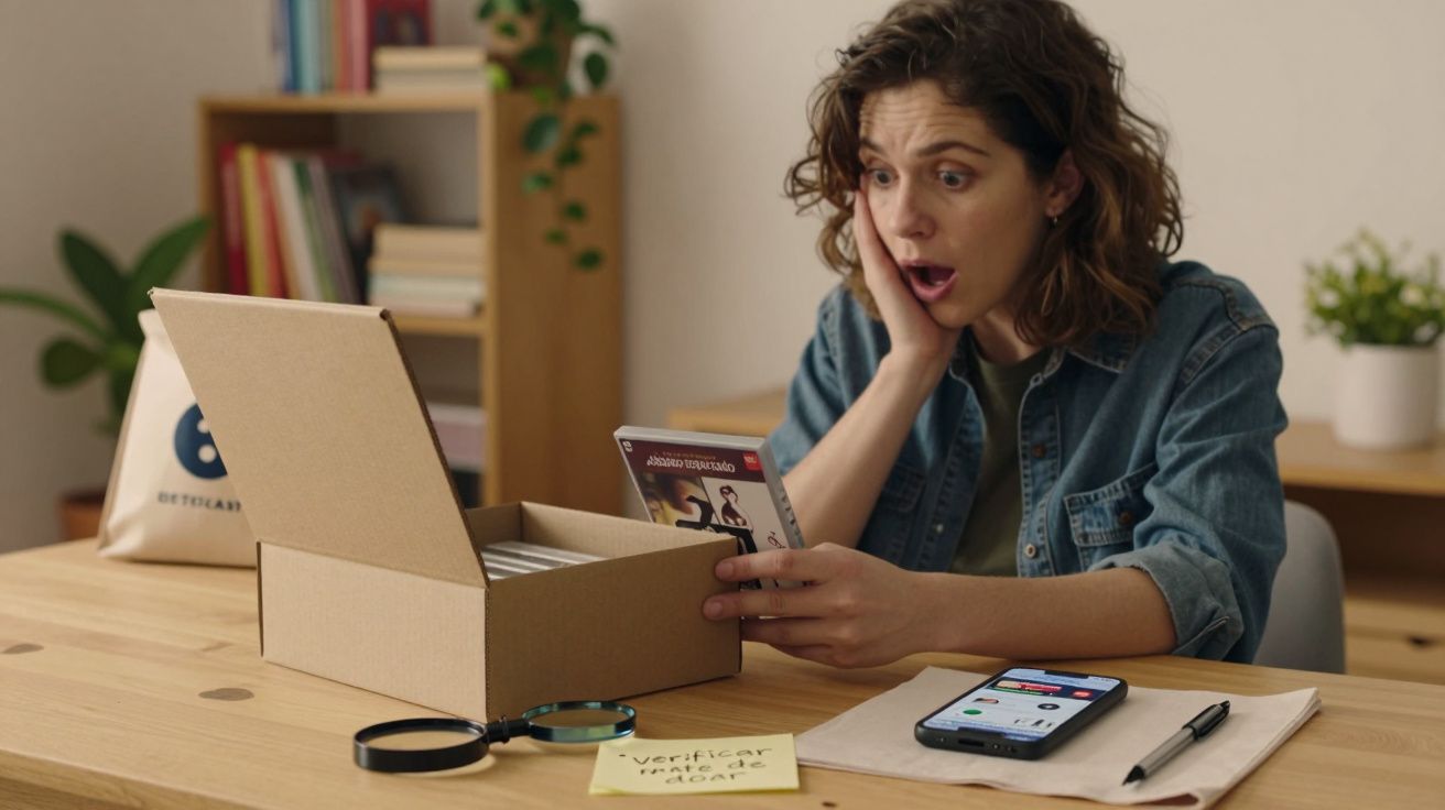 Mulher surpreendida ao abrir caixa com coleção de DVDs na mesa. Telefone e lupa ao lado.