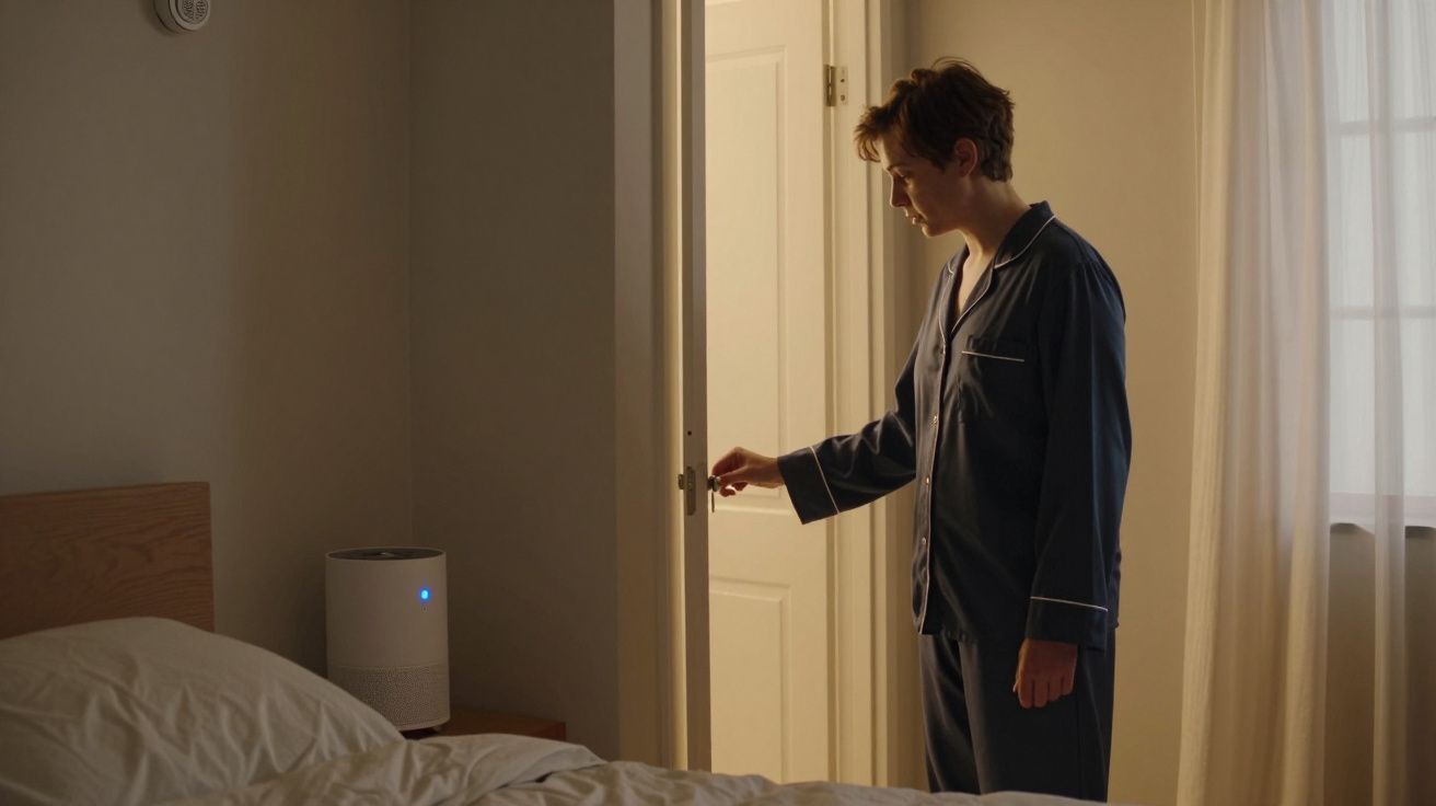 Pessoa de pijama fecha porta num quarto iluminado suavemente.