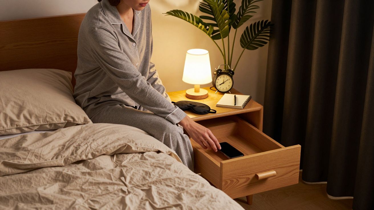 Pessoa de pijama guarda o telemóvel na gaveta da mesa de cabeceira ao lado de uma cama, lâmpada acesa e relógio.
