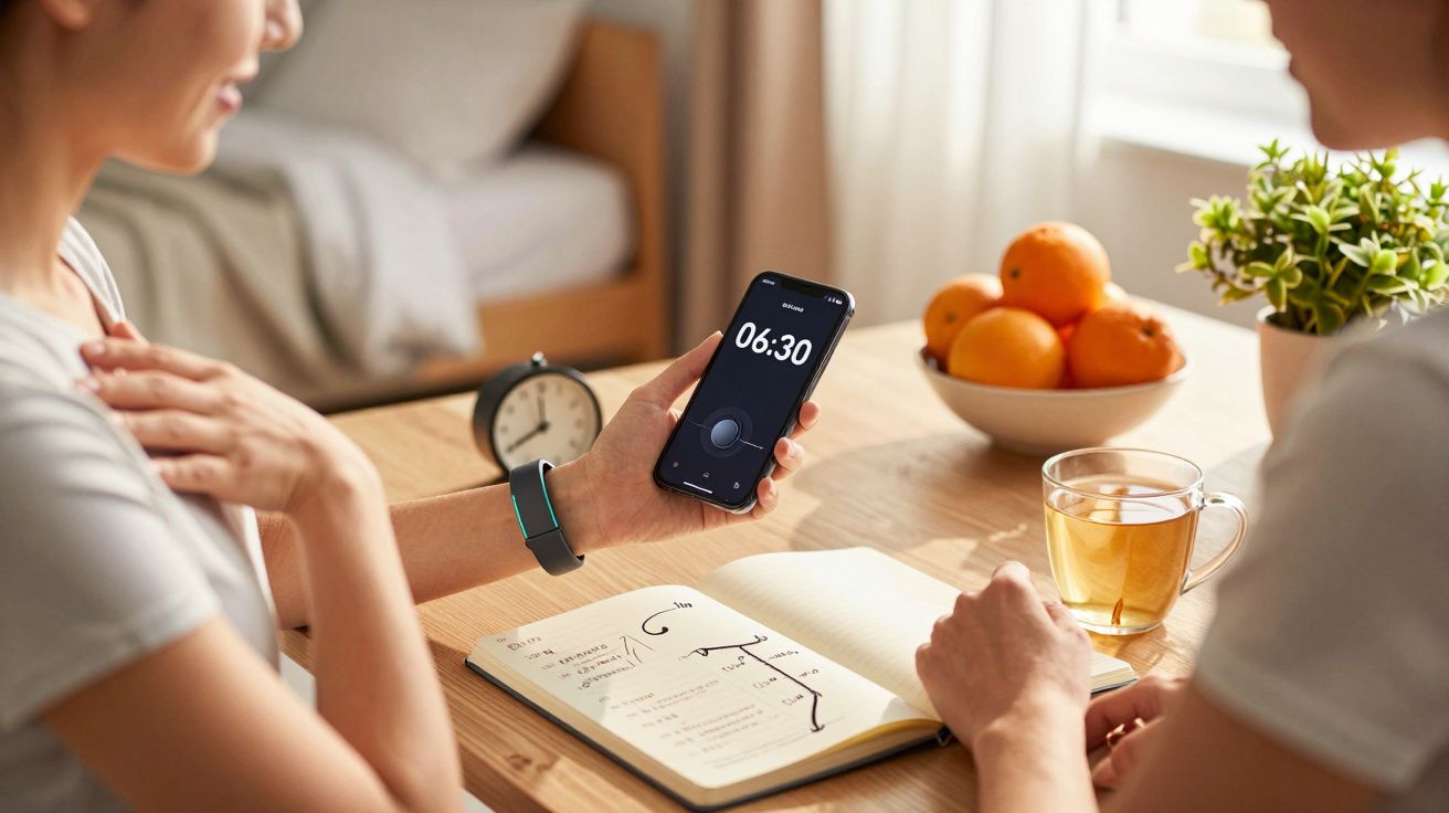 Duas pessoas numa mesa com um telemóvel a mostrar 6:30, caderno aberto e chávenas de chá ao lado de laranjas.