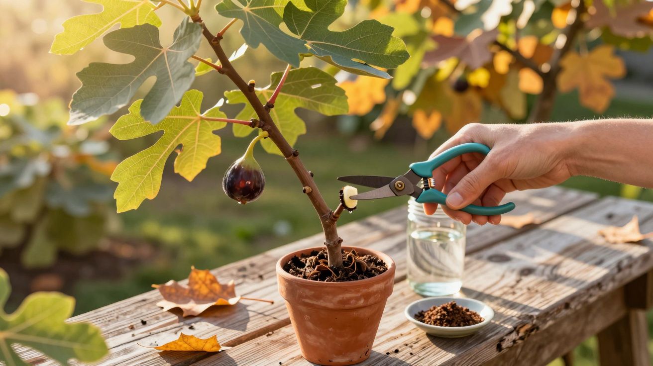 Mão podando uma figueira em vaso de barro, com folhas caídas ao redor, num fundo outonal desfocado.