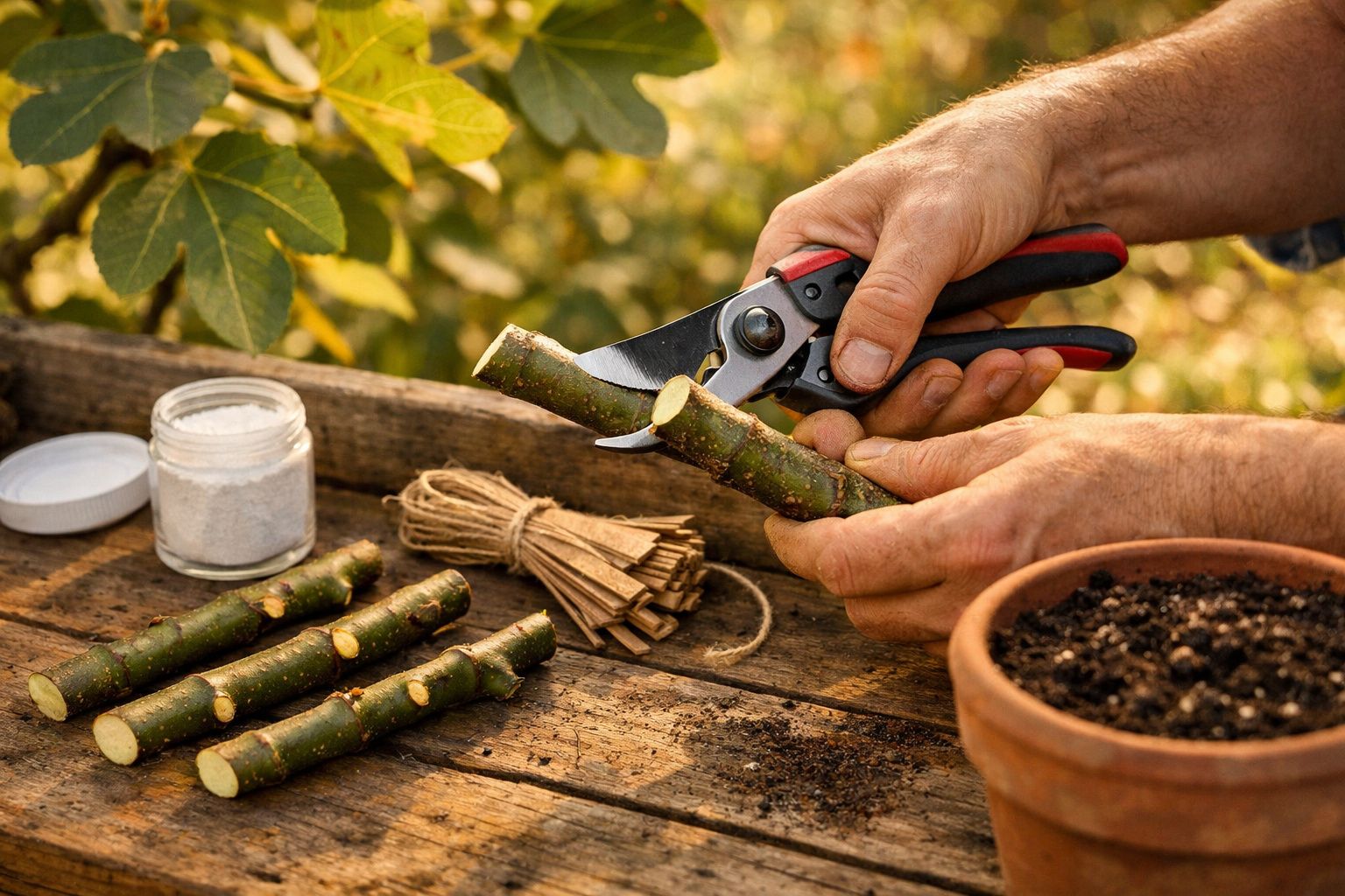Mãos cuidam de muda de planta em vaso pequeno sobre mesa de madeira, rodeada de materiais de jardinagem.