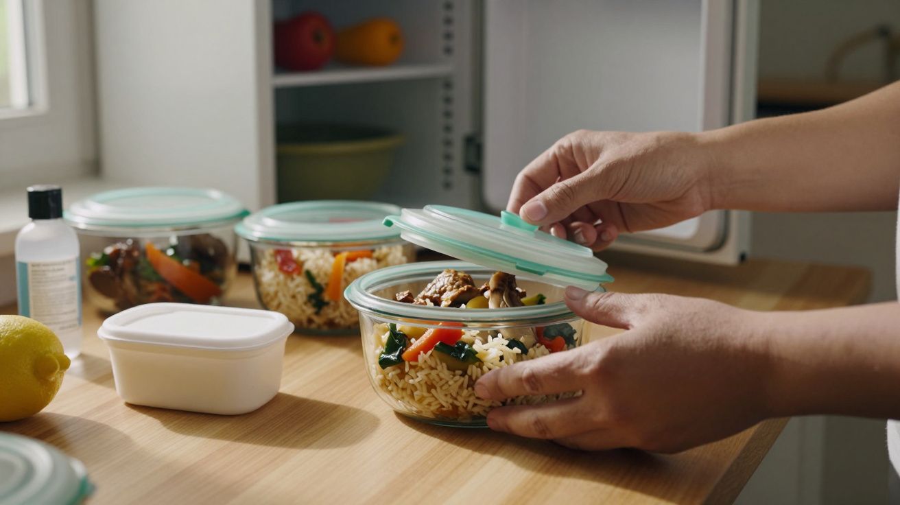 Mãos a fechar um recipiente de comida com arroz e vegetais numa bancada de cozinha, outros recipientes ao fundo.