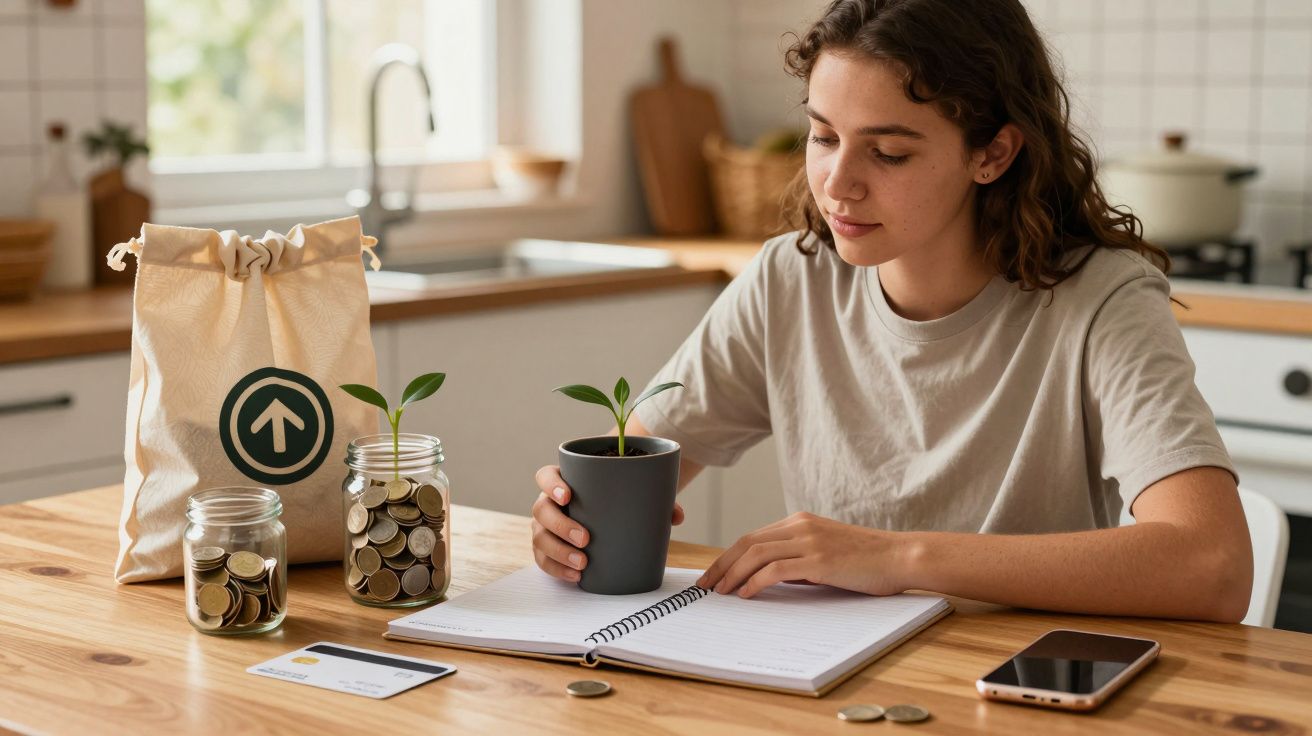 Mulher jovem numa cozinha, com plantas e moedas na mesa, escreve num caderno; há um telemóvel e um cartão ao lado.