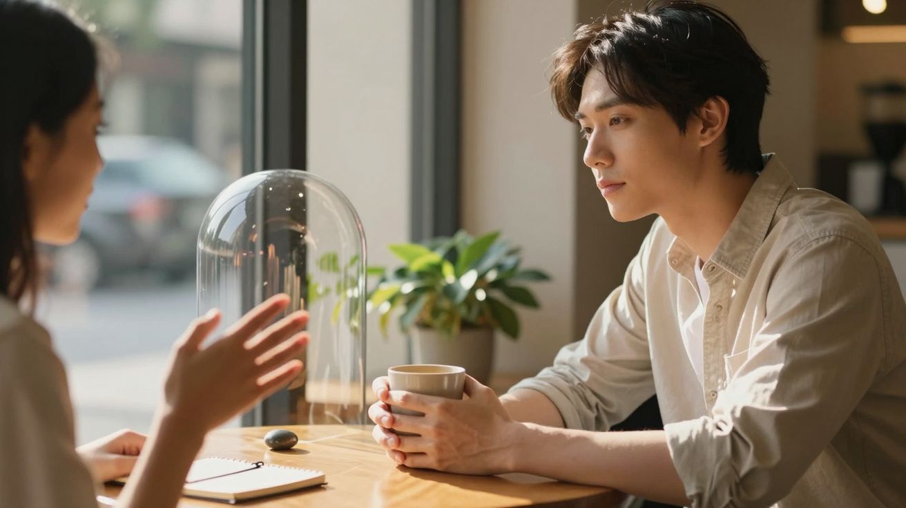 Homem e mulher conversam num café, ele segura uma caneca, luz suave da janela ilumina o ambiente.