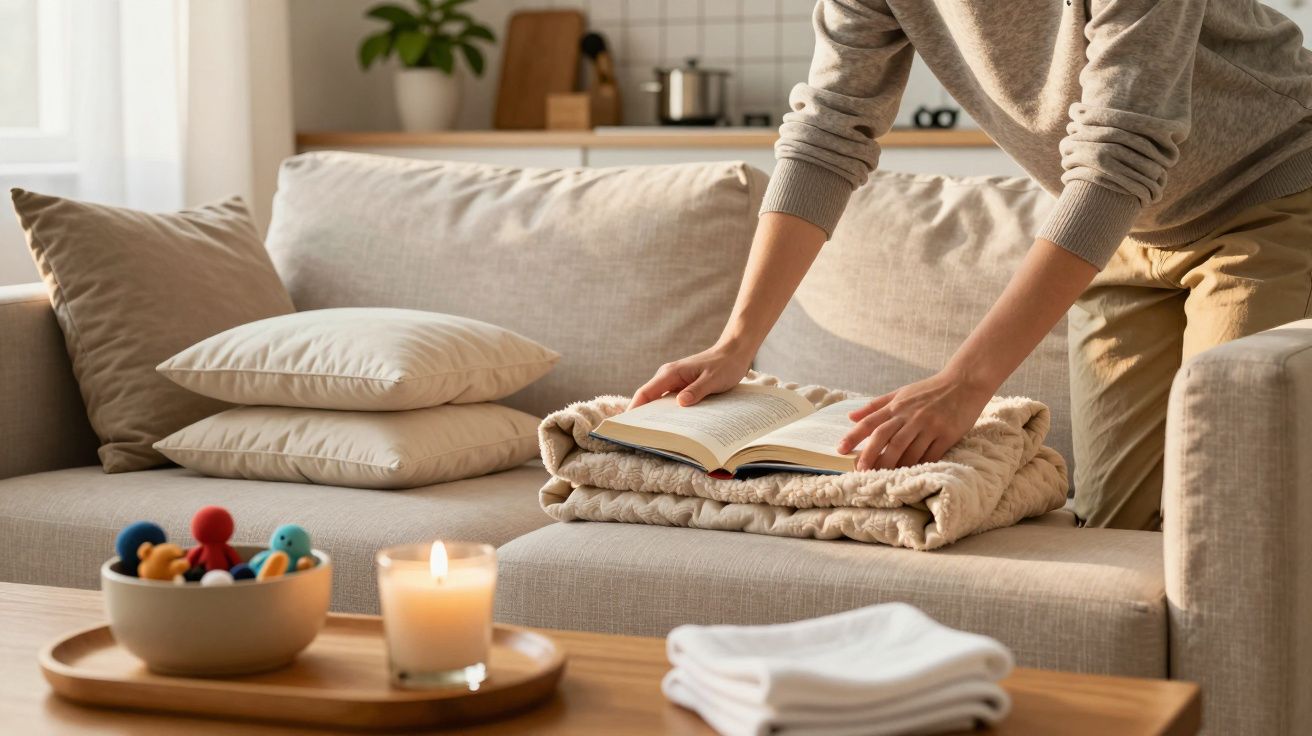 Pessoa a ajeitar livro aberto em cima de mantas num sofá bege, com almofadas ao lado e uma vela acesa na mesa.