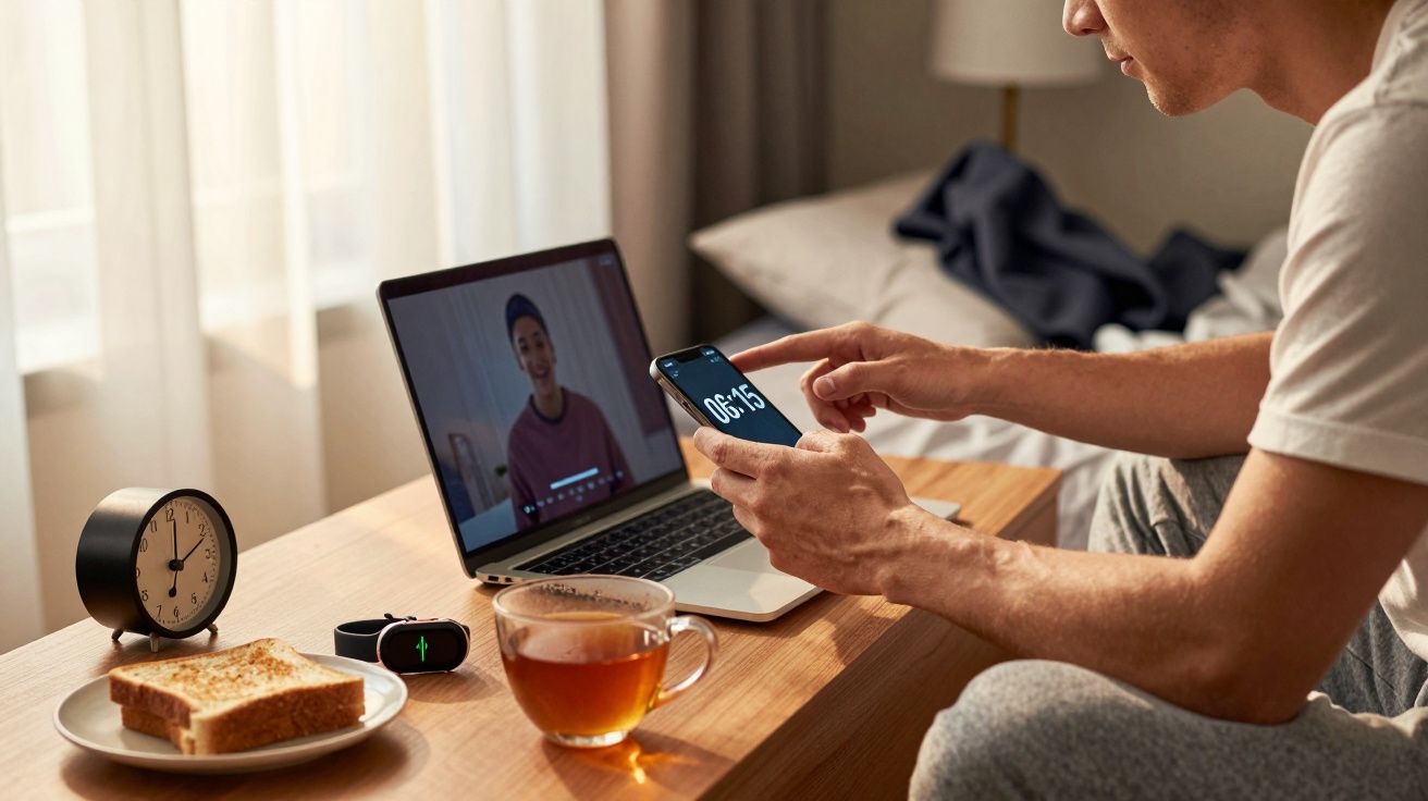 Homem segurando telemóvel numa sala com PC, chá e torradas. Chamada de vídeo aberta no portátil, relógio na mesa.