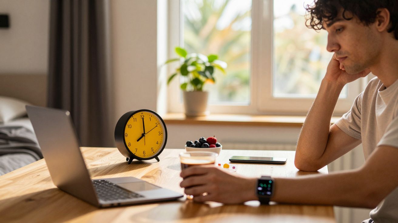Homem sentado à mesa, olhando para um portátil com um relógio grande ao lado e um copo. Planta e fruta ao fundo.