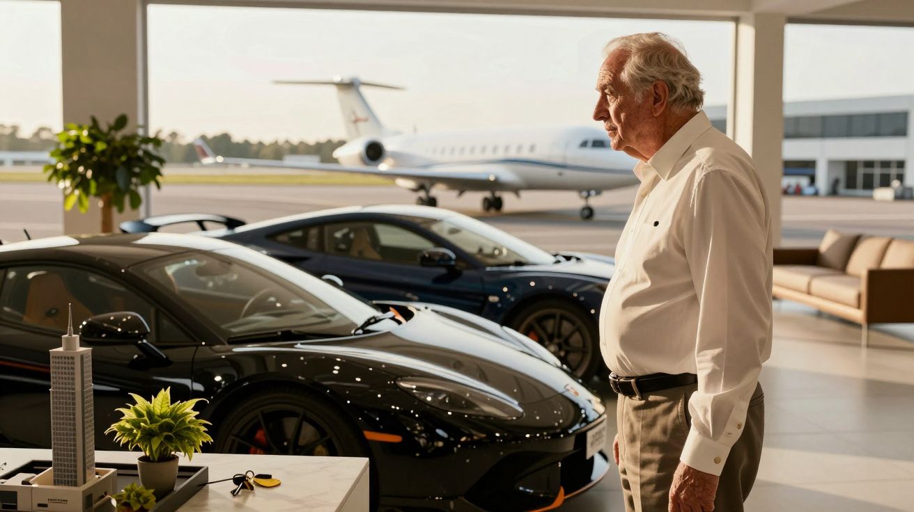 Homem idoso com camisa branca em showroom de carros de luxo, com jato privado visível pela janela ao fundo.