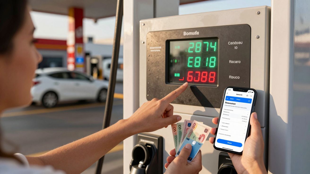 Mulher usa smartphone para pagar carregamento de carro elétrico numa estação de serviço, segurando dinheiro e olhando para o 