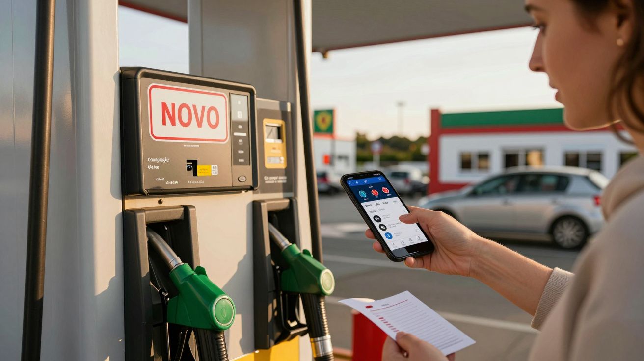 Mulher num posto de combustível segura telemóvel e papel enquanto utiliza bomba de gasolina com sinal "NOVO".