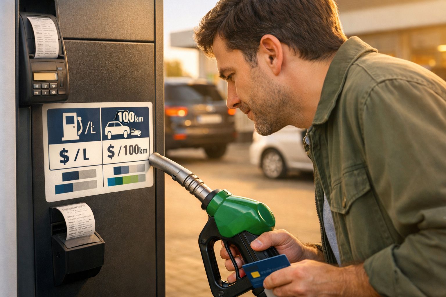 Pessoa segura um telemóvel branco enquanto outra abastece um carro com um bico de combustível verde numa estação de serviço.