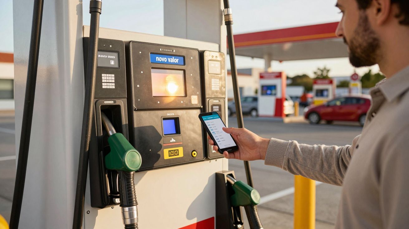 Homem a pagar combustível com telemóvel numa bomba de gasolina.