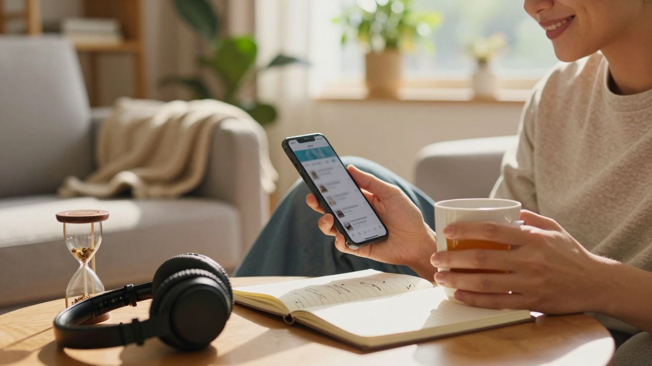 Mulher sorridente segura chá e telemóvel, com caderno aberto e auscultadores na mesa. Sala de estar ao fundo.