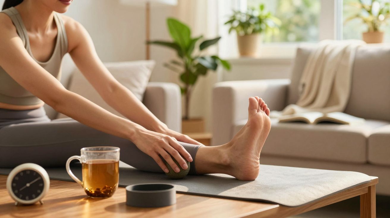 Mulher em roupa de treino alonga a perna no tapete de ioga, com chá e relógio ao lado, numa sala iluminada.